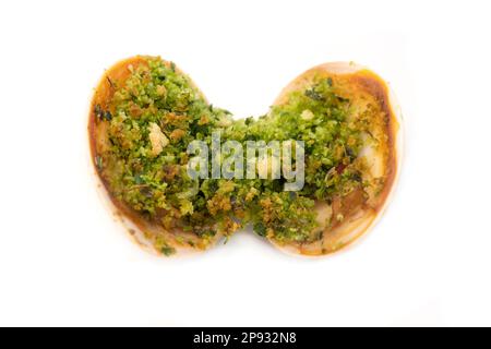 Italian "fasolaro gratinato" (Gratin smooth clam) on a white background Stock Photo