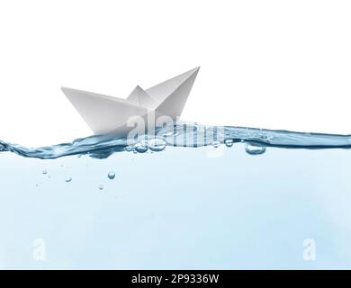 Handmade paper boat floating on clear water against white background Stock Photo