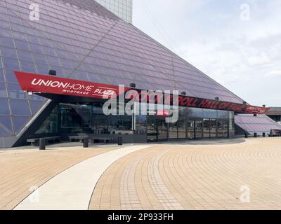 The Rock and Roll Hall of Fame is in the heart of downtown Cleveland and open to the public with memorabilia. Stock Photo