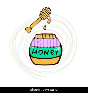 Jar of honey and honey dipper, illustration in violet, green and yellow colors Stock Vector