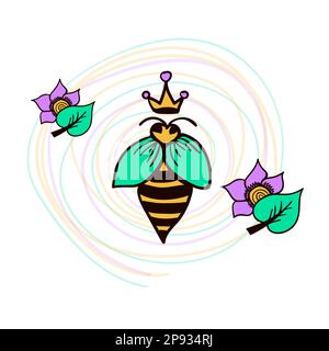 Bee queen, flowers and leaves. Colorful composition of beekeeping elements Stock Vector