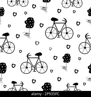Bicycle and tree, black and white seamless pattern Stock Vector