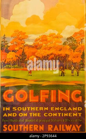 England, Sussex, Bluebell Railway, Horsted Keynes Station, Vintage Poster Advertising Golfing Trips Stock Photo