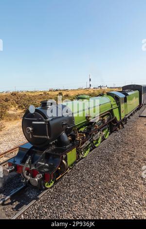 England, Kent, Dungeness, The Romney Hythe and Dymchurch Railway, Steam Train at Dungeness Station Stock Photo