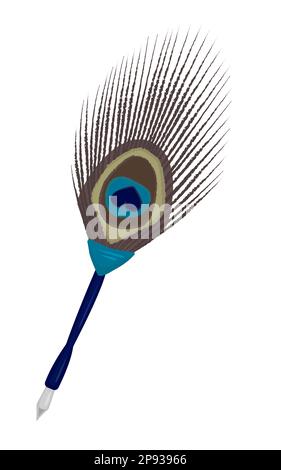 Peacock feather pen, colorful illustration Stock Vector
