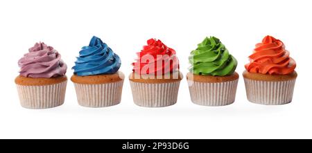 Different delicious colorful cupcakes on white background Stock Photo