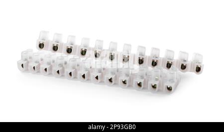Plastic screw terminal blocks on white background. Electrician's equipment Stock Photo