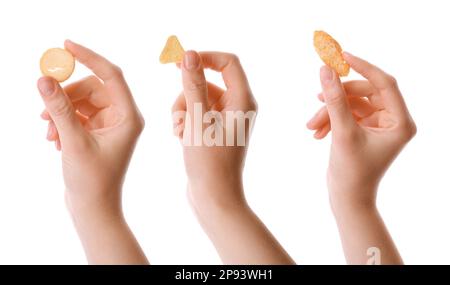 Collage with photos of women holding delicious crispy rusks on white background, closeup Stock Photo