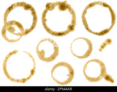 Coffee cup circle stains and droplets isolated on white background. Pixel precise thoroughly manually created separate clipping working paths Stock Photo