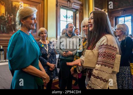 The new Duchess of Edinburgh meets Zhenya Dove from the Ukrainian community at the City Chambers in Edinburgh to mark one year since the city's formal response to the invasion of Ukraine. Picture date: Friday March 10, 2023. Stock Photo