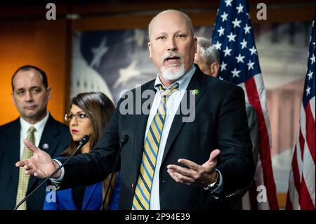 Washington, United States. 10th Mar, 2023. U.S. Representative Chip Roy (R-TX) speaking at a House Freedom Caucus press conference at the U.S. Capito about the debt limit and the president's recently proposed budget. (Photo by Michael Brochstein/Sipa USA) Credit: Sipa USA/Alamy Live News Stock Photo