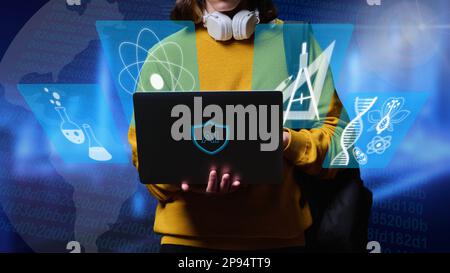 Guy student using laptop, artificial intelligence for education. Stock Photo