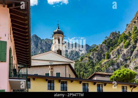 Church tower, San Benedetto, center in Limone sul Garda, Lake Garda, province of Brescia, Lombardy, Italy, Europe Stock Photo