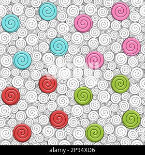 Set of seamless patterns with swirls and candies. Colored vector backgrounds. Stock Vector