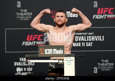 March 10, 2023, Las Vegas, NV, LAS VEGAS, NV, United States: LAS VEGAS, NV - MARCH 10: Merab Dvalishvili steps on the scale for the official weigh-ins at UFC Apex for UFC Fight Night - Vegas 71 - Yan vs Dvalishvili on March 10, 2023 in Las Vegas, NV, United States. (Credit Image: © Louis Grasse/PX Imagens via ZUMA Press Wire) EDITORIAL USAGE ONLY! Not for Commercial USAGE! Stock Photo