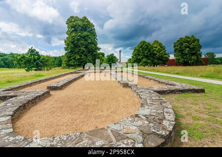 Mikulcice (Mikultschitz), Mikulcice-Valy archaeological site and museum with remains of a significant Slavic gord from the times of the Great Moravian Empire inJihomoravsky, South Moravia, Südmähren, Czech Stock Photo