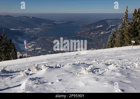 View from Wallberg to Tegernsee in winter. Rottach-Egern, Bavaria, Germany. Stock Photo