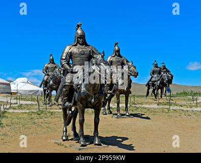 Equestrian Statues of Mongolian Hordes of Genghis Khan, Genghis Khan Theme Park, Chinggis Khaan Statue Complex, Tsonjin Boldog, Mongolia Stock Photo