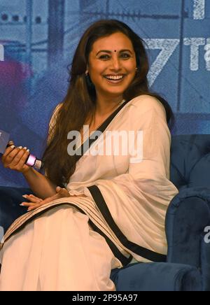 Mumbai, India. 10th Mar, 2023. Bollywood actress Rani Mukerji laughs during a discussion of her upcoming film 'Mrs Chatterjee Vs Norway' at Yash Raj studio in Mumbai. The film will be released on 17th March '23 (Photo by Ashish Vaishnav/SOPA Images/Sipa USA) Credit: Sipa USA/Alamy Live News Stock Photo