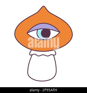Retro 70s Groovy Hippie sticker stylizes hippie mushroom. Psychedelic cartoon element -funky fungus illustration in vintage hippy style. Vector flat Stock Vector