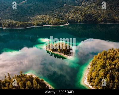 Island in the lake Eibsee, Garmisch-Partenkirchen, Bavaria, Germany, Europe Stock Photo
