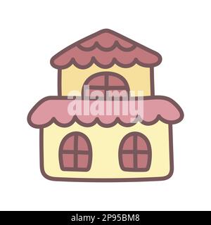 Cute yellow two-story house in children's doodle style. A hut with a pink roof. A simple flat design element for baby products. Clip art for nursery p Stock Vector