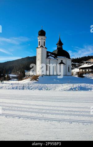 Austria, Tyrol, Seefeld, Seekirchl, winter mountain landscape, church, landmark, winter sports resort, chapel, church, Seefelder Plateau Stock Photo