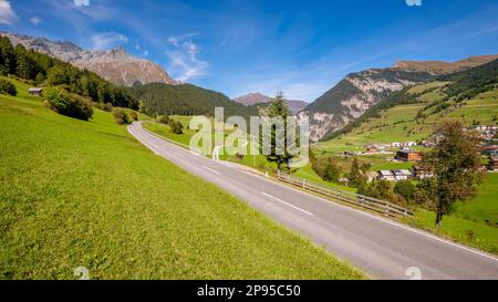 Nauders (Tyrol, Austria) is located at the end of the Finstermunzpass in a high valley of the Ötztal Alps. The Swiss and Italian borders are near. Stock Photo