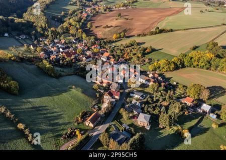 Germany, Thuringia, Königsee, Lichta, village, fields, overview, oblique view, aerial view Stock Photo