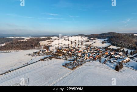 Germany, Thuringia, Allendorf (background), village, snowy fields, forests, landscape, overview, aerial photo Stock Photo