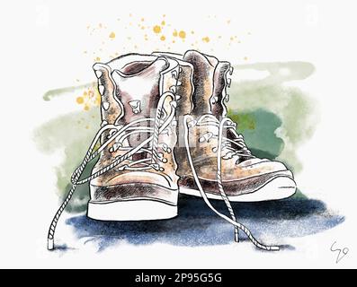 Worn hiking boots, drawn and colored. Illustration Stock Photo