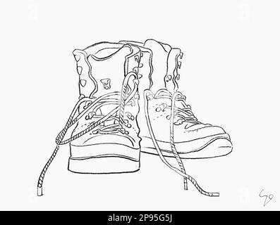 Worn hiking boots as line drawing. Illustration Stock Photo
