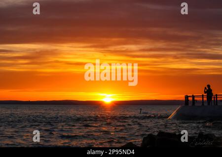 Sunset at Balaton, Lake Balaton in Hungary, romantic view of the sunset over the lake Stock Photo