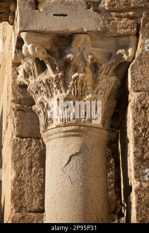 Stone column and capital,  Duomo di Sant Andrea (St Andrew's cathedral). Amalfi, Salerno, Italy  Amalfi Coast. Begun in the 9th and 10th centuries, the cathedral it has been added to and redecorated several times, overlaying Arab-Norman, Gothic, Renaissance, Baroque elements, and finally a new 19th century Norman-Arab-Byzantine facade. Stock Photo