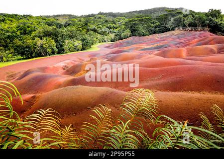 Seven Colored Earth at Chamarel Seven Colored Earth Geopark, Black River. Mauritius sunset Stock Photo