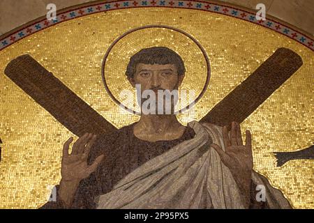 Mosaic of Saint Andrew with his cross - crux decussata on a building at ...