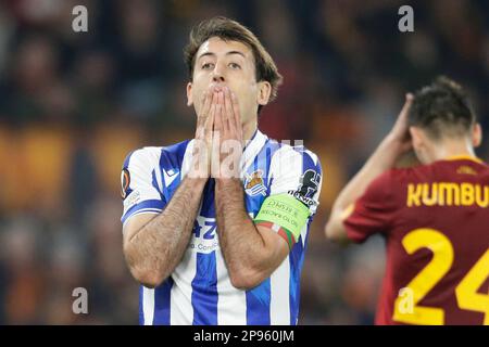 Real Sociedad's Spanish midfielder Mikel Oyarzabal  gesticulate  during the round 16 of UEFA Europa League match between AS Roma vs Real Sociedad. AS Roma won 2-0. Stock Photo