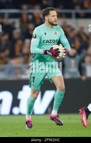 Real Sociedad's Spanish goalkeeper Alejandro Remiro controls the ball  during the round 16 of UEFA Europa League match between AS Roma vs Real Sociedad at the Olimpico Stadium in Rome, on March 09, 2023. Stock Photo