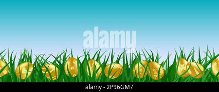 Golden painted eggs hidden in green grass Stock Vector