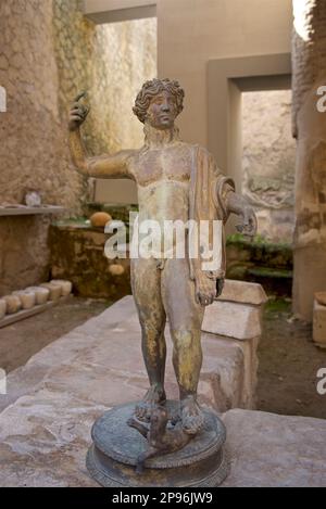 Male bronze figurine standing on a pacified feline / wolf? Herculaneum uncovered. Herculaneum was buried under volcanic ash and pumice in the eruption of Mount Vesuvius in AD 79. Ercolano, Campania, Italy Stock Photo