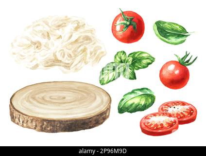 Strachatella cheese with tomatoes and basil set. Hand drawn watercolor illustration,  isolated on white background Stock Photo