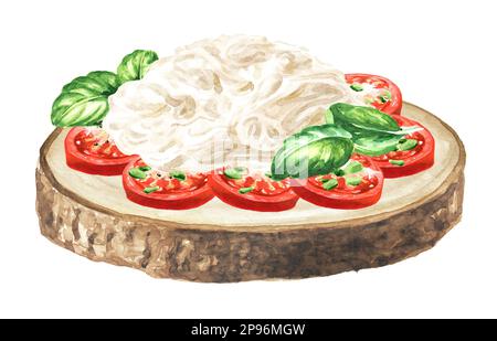 Strachatella cheese with tomatoes and basil.  Hand drawn watercolor illustration,  isolated on white background Stock Photo