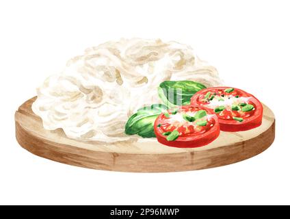 Strachatella cheese with tomatoes and basil.  Hand drawn watercolor illustration, isolated on white background Stock Photo