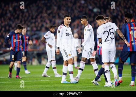 BARCELONA - FEB 16: Casemiro in action during the Champions League match between FC Barcelona and Manchester United at the Spotify Camp Nou Stadium on Stock Photo