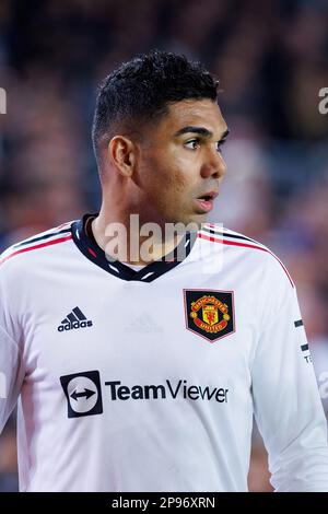 BARCELONA - FEB 16: Casemiro in action during the Champions League match between FC Barcelona and Manchester United at the Spotify Camp Nou Stadium on Stock Photo