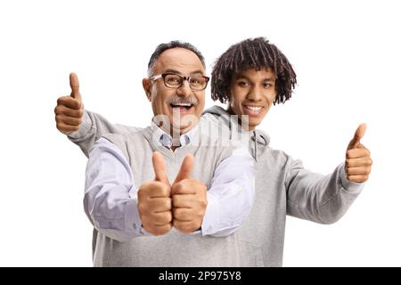 Young african american man and a mature man gesturing thumbs up isolated on white background Stock Photo