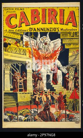 1914 : The original 20's american movie poster  of italian silent movie CABIRIA by the pionier director GIOVANNI PASTRONE ( Montechiaro d' Asti 1882 - Torino 1959 ) , silent dialogues by italian poet GABRIELE D'ANNUNZIO  - CINEMA - FILM - USA - FILM - MOVIE - CINEMA   - poster pubblicitario - poster - advertising - locandina - CINEMA MUTO - DANNUNZIO - D' ANNUNZIO - poster cinematografico - affiche - FILM STORICO MITOLOGICO - peplum - illustration - illustrazione  ----   Archivio GBB Stock Photo
