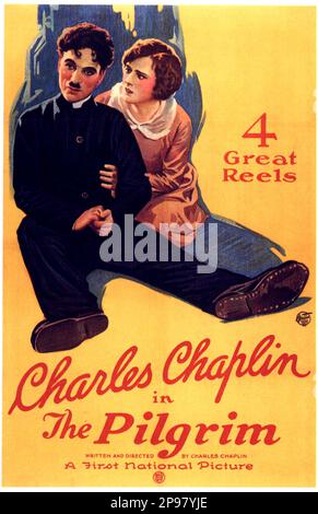 1923 , USA : The original movie poster  of silent movie actor and movie director CHARLES CHAPLIN ( 1889 - 1977 ) in THE PILGRIM - CINEMA - FILM - candid - portrait - ritratto - hat - cappello - regista cinematografico - attore  - comico  - USA - FILM - MOVIE - CINEMA   - poster pubblicitario - poster - advertising - locandina   ----   Archivio GBB Stock Photo