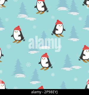 Cute cartoon skiing penguins seamless pattern. Vector winter Christmas background. Stock Vector