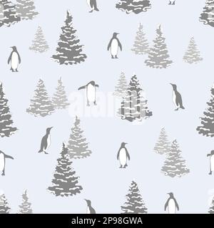 Abstract winter seamless pattern with penguins and fir trees. Vector Christmas background. Stock Vector